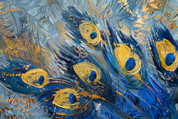 A richly textured blue and gold peacock feather painting with vibrant brush strokes.