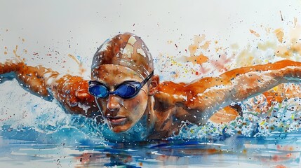 Abstract watercolor painting of a swimmer