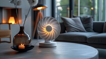 Portrait of a modern electric table fan kept in tea table in living room with a space for text or product, Generative AI.