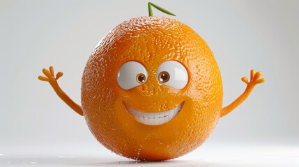Curious orange character with rised arms on white background with copy space