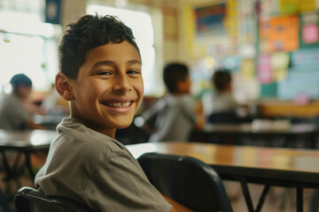 A cheerful young boy with a bright smile in a lively classroom setting.