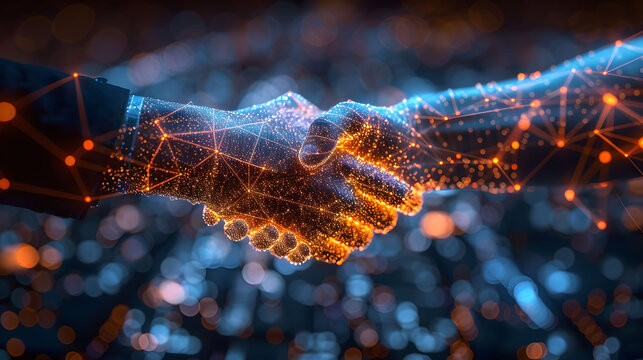 Digital handshake concept with glowing cyber particles, symbolizing virtual agreement and connection