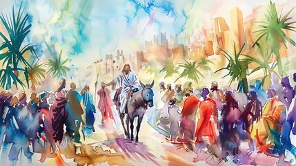 watercolor painting of jesus christ entering jerusalem - obrazy, fototapety, plakaty