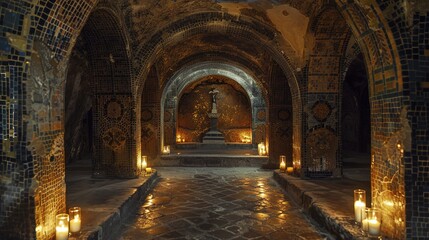 A dimly lit underground chamber adorned with intricate mosaic tiles, once serving as a secret meeting place for ancient mystics.