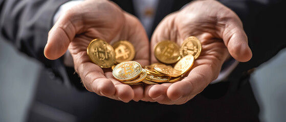 A man is holding a handful of gold coins. The coins are shiny and appear to be valuable. The man's hand is full of coins, and he is holding them up for a picture. Concept of wealth and prosperity - obrazy, fototapety, plakaty