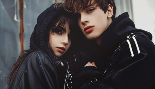 young gothic couple in love - a girl and a guy with street clothes