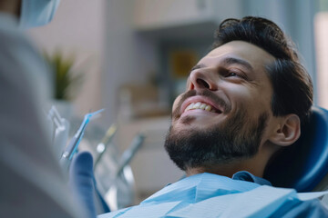 Relaxed man smiling at dentist during a comfortable dental consultation. - obrazy, fototapety, plakaty