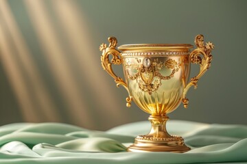 Prestigious gold cup on a soft, muted vintage background.