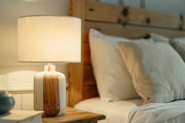 Soft illumination from a bedside lamp casting a warm glow in a peaceful bedroom setting.