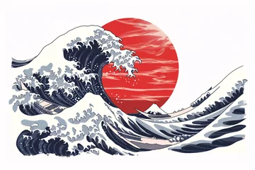 Foto op Canvas Stylized wave with red sun in traditional Japanese style © youriy