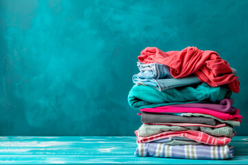 Pile of knitted sweaters and cozy scarves on solid background with copy space, Stack of clothes - Powered by Adobe