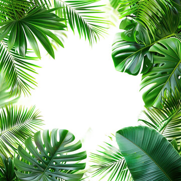 Tropical frame with exotic jungle plants, palm leaves isolated on transparent background.
