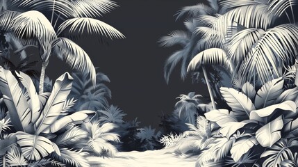 A black and white photo showing tall palm trees swaying in the wind against a backdrop of crashing ocean waves