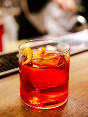 Negroni cocktail on bar counter.