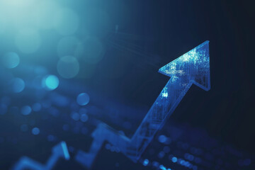 Blue upward arrow shining on a dark background, symbolizing growth and success.