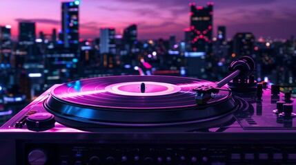 Obraz premium This 3D animation captures a vintage turntable and vinyl record, bathed in neon light, channeling a retro wave aesthetic perfect for music and nostalgic themes.