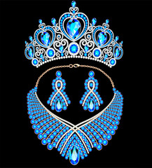 Illustration of a set of jewelry tiara, necklace and gold earrings with precious stones