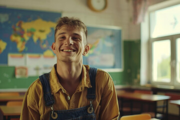 A young man with a radiant smile sits casually in a classroom, exuding positivity.
