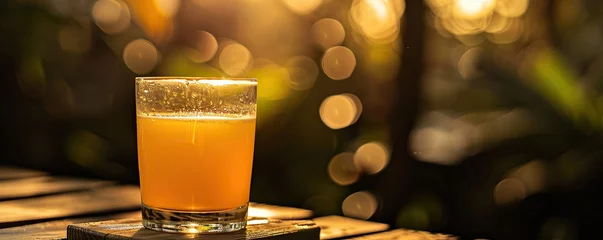 Fotobehang Glass of fresh orange juice on wooden table with blurred garden background © Fajar