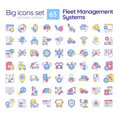 Fototapeta premium Fleet management systems RGB color icons set. Route planning, vehicle tracking. Customer satisfaction. Isolated vector illustrations. Simple filled line drawings collection. Editable stroke