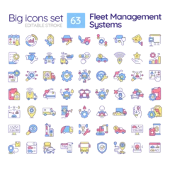 Fototapeten Fleet management systems RGB color icons set. Route planning, vehicle tracking. Customer satisfaction. Isolated vector illustrations. Simple filled line drawings collection. Editable stroke © bsd studio