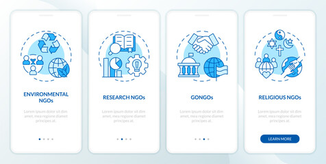 Types of NGOs blue onboarding mobile app screen. Nonprofits walkthrough 4 steps editable graphic instructions with linear concepts. UI, UX, GUI template. Myriad Pro-Bold, Regular fonts used - obrazy, fototapety, plakaty