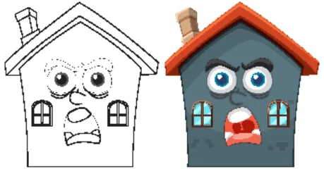 Rolgordijnen Two animated houses showing surprised and angry emotions. © GraphicsRF