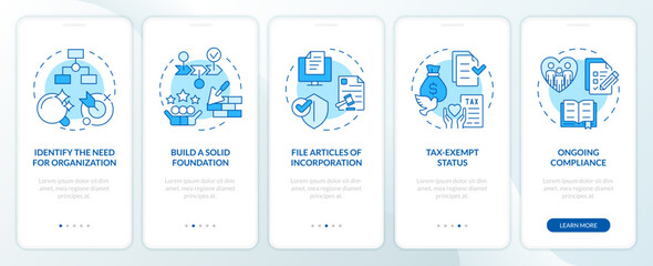 Steps to start NPOs blue onboarding mobile app screen. Work of NGO walkthrough 5 steps editable graphic instructions with linear concepts. UI, UX, GUI template. Myriad Pro-Bold, Regular fonts used