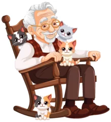 Foto op Canvas Elderly man smiling with four cute kittens © GraphicsRF