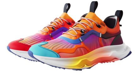 A pair of stylish men's sneakers, their sleek design and vibrant colors popping against a white transparent background