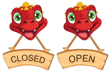 Foto op Canvas Cartoon dragon with open and closed signs. © GraphicsRF