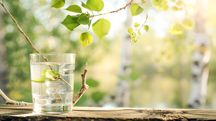 A glass of fresh birch sap, against the backdrop of a birch grove in the rays of the spring sun with a copy space.