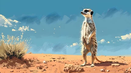 Deurstickers Watchful Meerkat Guarding Arid Desert Habitat with Curious Alertness © Thares2020