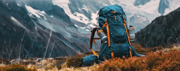 Gartenposter Backpacks and other equipment for camping lying in the background of a snowy mountain view © Fajar