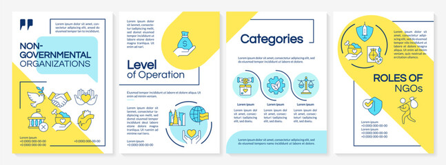 Non governmental organizations blue, yellow brochure template. Leaflet design with linear icons. Editable 4 vector layouts for presentation, annual reports. Arial-Black, Myriad Pro-Regular fonts used