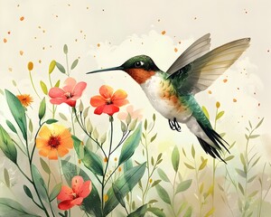 Delicate Hummingbird Hovering Amid Vibrant Blooming Flowers in Enchanting Natural Setting