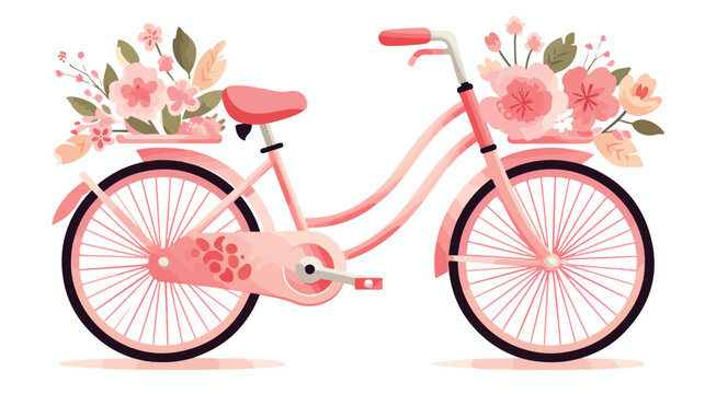 Pink floral lovely bike Flat vector isolated on white