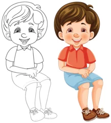 Outdoor kussens Illustration of a cheerful boy sitting, with line art. © GraphicsRF