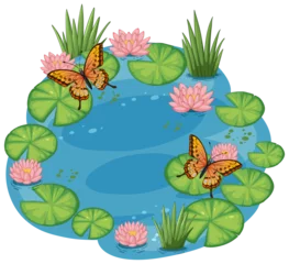 Keuken foto achterwand Colorful butterflies hovering over a tranquil pond © GraphicsRF