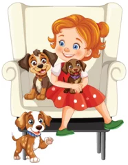 Keuken foto achterwand Cheerful girl sitting with three cute puppies. © GraphicsRF