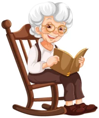 Keuken foto achterwand Elderly woman smiling while reading in a rocking chair © GraphicsRF