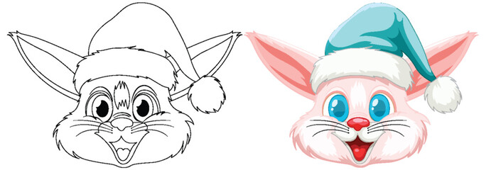 Vector illustration of a bunny with a Christmas hat.
