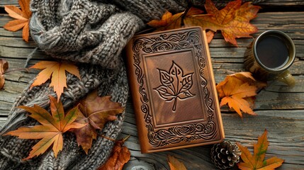 Vintage diary with an embossed cat paw on the cover, surrounded by autumn leaves and a warm, nostalgic atmosphere - obrazy, fototapety, plakaty