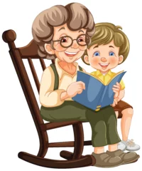 Fotobehang Elderly woman and young boy enjoying a book together © GraphicsRF