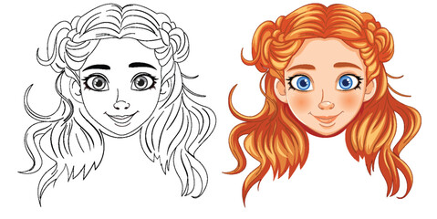 Vector illustration of a girl, line art and colored version.