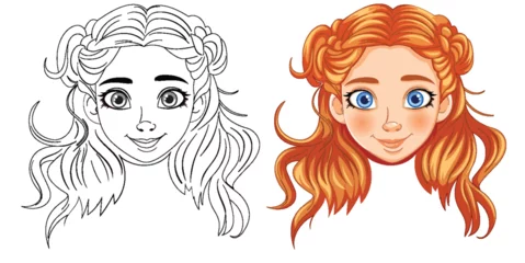 Deurstickers Vector illustration of a girl, line art and colored version. © GraphicsRF