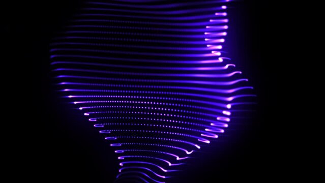 Bright digital dotted lines moving in virtual space on black background. Concept of data science, artificial intelligence (AI) and virtual reality. Visualization of digital sound waves, 4K loop video