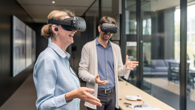 A man and a woman are wearing virtual reality headsets in an office setting, interacting with the technology.