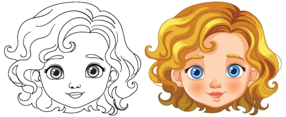 Gordijnen Line art and colored version of a girl's face © GraphicsRF