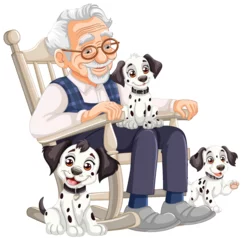 Poster Elderly man relaxing with three cute Dalmatian dogs © GraphicsRF